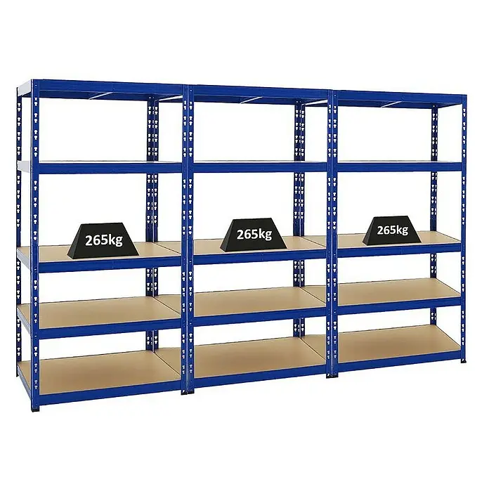 Proregal Schwerlastregal Mega Deal Tiger - H x B x T: 180 x 90 x 60 cm, Traglast pro Boden: 265 kg, Anzahl Böden: 5 Stk., Stecken, Blau - Blaue Schwerlastregale mit Holzregalböden und Gewichten. Die Regale sind stabil und bieten viel Stauraum für schwere Gegenstände.