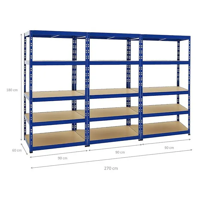 Proregal Schwerlastregal Mega Deal Tiger - H x B x T: 180 x 90 x 60 cm, Traglast pro Boden: 265 kg, Anzahl Böden: 5 Stk., Stecken, Blau - Abbildung eines blauen Metallregals mit mehreren Holzböden und Maßangaben zur Veranschaulichung.