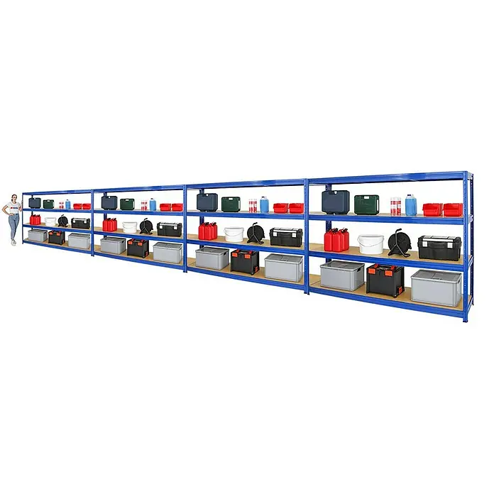 Proregal Schwerlastregal Mega Deal DINO - Traglast pro Boden: 450 kg, Anzahl Böden: 4 Stk., Stecken, Blau - Aufnahme eines langen, modularen Schwerlastregals mit vier Ebenen, das mit verschiedenen Behältern und Kanistern gefüllt ist.