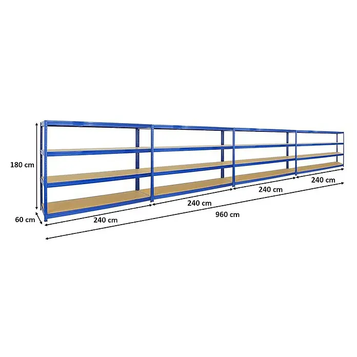 Proregal Schwerlastregal Mega Deal DINO - Traglast pro Boden: 450 kg, Anzahl Böden: 4 Stk., Stecken, Blau - Abbildung eines blau-beigen Lagerregals mit drei Regalböden und den Maßen 180 cm Höhe, 60 cm Tiefe und 960 cm Länge.
