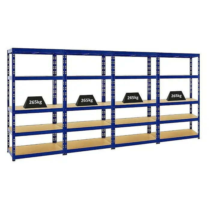 Proregal Schwerlastregal Mega Deal Tiger - Traglast pro Boden: 265 kg, Anzahl Böden: 5 Stk., Stecken, Blau - Abbildung eines blauen Schwerlastregals mit vier Ebenen und Gewichten von 265 kg auf einer Ebene.