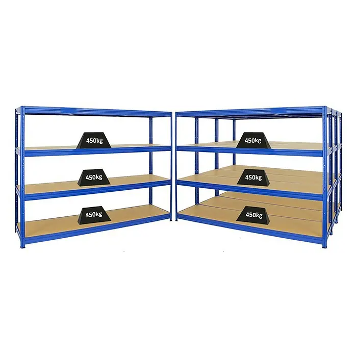 Proregal Schwerlastregal Mega Deal DINO - Traglast pro Boden: 450 kg, Anzahl Böden: 4 Stk., Stecken, Blau - Blaue Regale mit vier Ebenen und Gewichtsangabe, ideal für Lagerung und Organisation in Werkstatt oder Garage. Robuste Konstruktion.