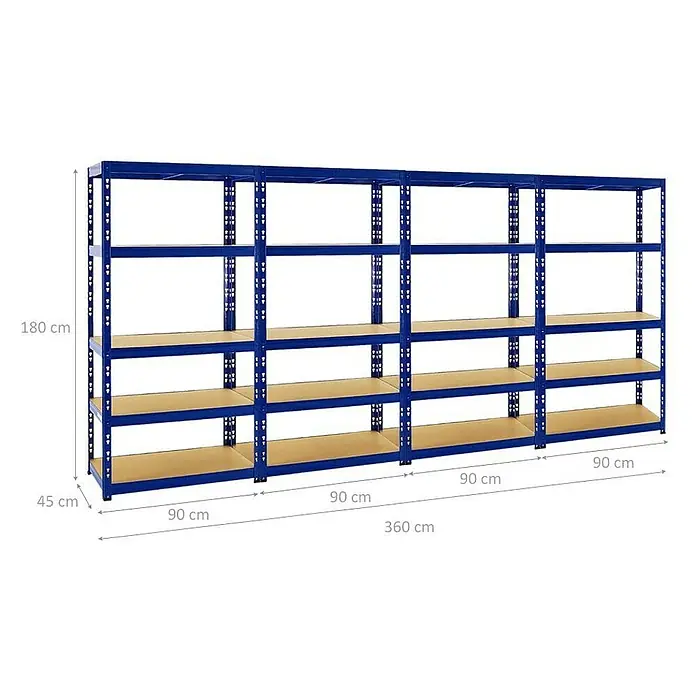 Proregal Schwerlastregal Mega Deal Tiger - Traglast pro Boden: 265 kg, Anzahl Böden: 5 Stk., Stecken, Blau - Abbildung eines blauen Schwerlastregals mit vier Regalböden und den Maßen 180 x 360 x 45 cm für Lagerzwecke.
