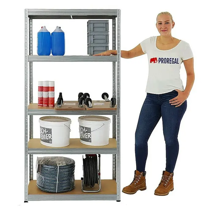 Proregal Schwerlastregal Slim Elephant S - Traglast pro Boden: 350 kg, Anzahl Böden: 5 Stk., Stecken, Verzinkt - Metallregal mit fünf Regalböden, beladen mit verschiedenen Gegenständen, darunter Kanister und Eimer. Eine Frau steht daneben.