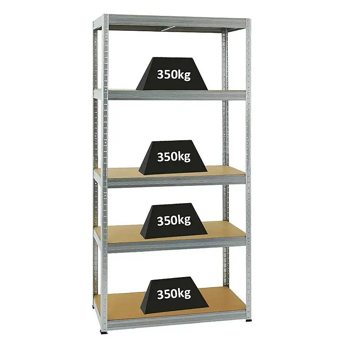 Proregal Schwerlastregal Slim Elephant S - Traglast pro Boden: 350 kg, Anzahl Böden: 5 Stk., Stecken, Verzinkt - Metallregal mit vier Ebenen, jede mit Gewichten von 350 kg belastet. Ideal für Lagerung und Organisation in Werkstatt oder Garage.