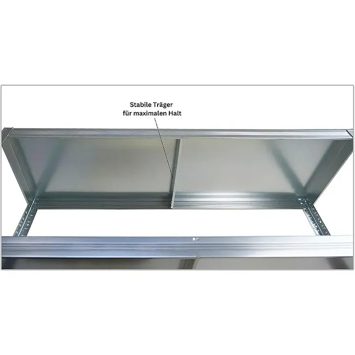 Proregal Metallregal Mega Deal Steel Eagle - Traglast pro Boden: 130 kg, Anzahl Böden: 5 Stk., Stecken, Verzinkt - Bild eines Regals mit stabilen Trägern für maximalen Halt. Das Regal ist aus Metall gefertigt und hat eine silberne Farbe.