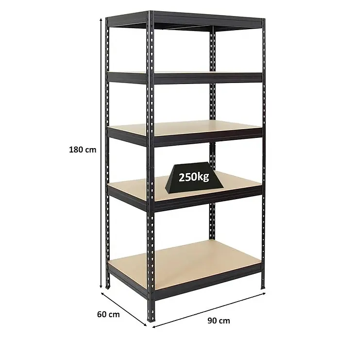 Proregal Schwerlastregal Rivet - H x B x T: 180 x 90 x 60 cm, Traglast pro Boden: 250 kg, Anzahl Böden: 5 Stk., Stecken, Schwarz - Produktfoto eines schwarzen Regals mit fünf Ablagen, das mit bis zu 250 kg belastet werden kann. Die Maße sind 180x60x90 cm.