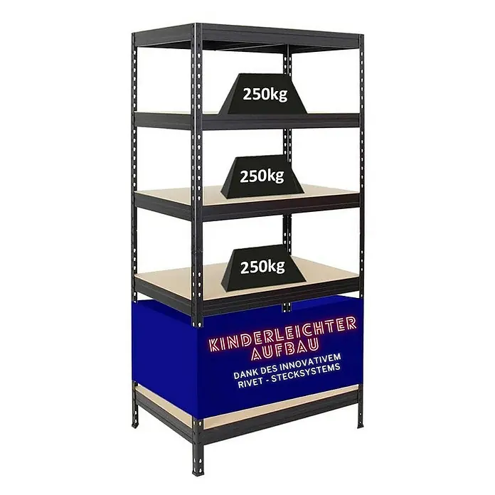 Proregal Schwerlastregal Rivet - H x B x T: 180 x 90 x 60 cm, Traglast pro Boden: 250 kg, Anzahl Böden: 5 Stk., Stecken, Schwarz - Bild eines robusten Schwerlastregals mit der Aufschrift "Kinderleichter Aufbau", das hohe Tragfähigkeit und einfache Montage verspricht.