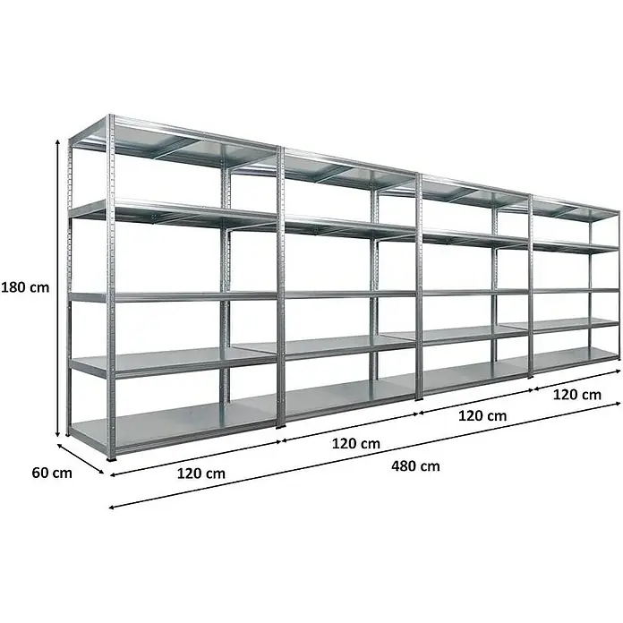 Proregal Metallregal Mega Deal Steel Eagle - Traglast pro Boden: 130 kg, Anzahl Böden: 5 Stk., Stecken, Verzinkt - Bild eines verzinkten Metallregals mit vier Ebenen, Abmessungen 180x60x120 cm, ideal für Lagerhaltung.