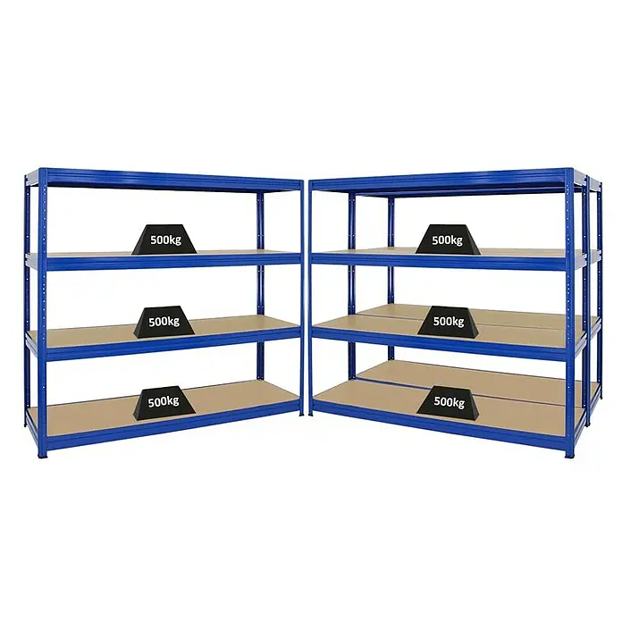 Proregal Schwerlastregal Mega Deal DINO - H x B x T: 180 x 180 x 60 cm, Traglast pro Boden: 500 kg, Anzahl Böden: 4 Stk., Stecken, Blau - Zwei blaue Regale mit Holzregalböden, die jeweils mit Gewichten von 500 kg belastet sind.