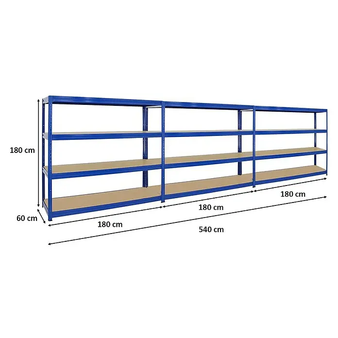 Proregal Schwerlastregal Mega Deal DINO - H x B x T: 180 x 180 x 60 cm, Traglast pro Boden: 500 kg, Anzahl Böden: 4 Stk., Stecken, Blau - Regal mit 3 Regalebenen, blaue Rahmenkonstruktion, Abmessungen: 180 cm hoch, 60 cm tief und 540 cm breit.