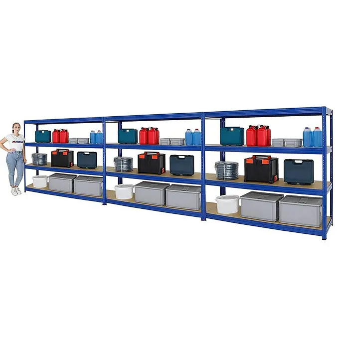 Proregal Schwerlastregal Mega Deal DINO - H x B x T: 180 x 180 x 60 cm, Traglast pro Boden: 500 kg, Anzahl Böden: 4 Stk., Stecken, Blau - Ein blaues Schwerlastregal mit Regalböden voller Behälter, Kanister, Schalen und Eimer für Lagerzwecke.