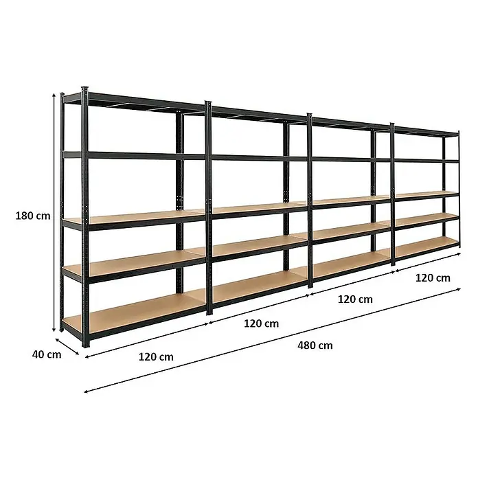 Proregal Schwerlastregal Mega Deal Ragnar - H x B x T: 180 x 120 x 40 cm, Traglast pro Boden: 175 kg, Anzahl Böden: 5 Stk., Stecken, Schwarz - Abbildung eines schwarzen Metallregals mit 4 Holzböden und den Maßen 180 x 480 x 40 cm.
