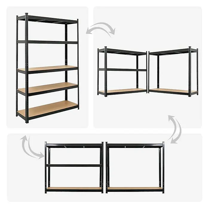 Proregal Schwerlastregal Mega Deal Ragnar - H x B x T: 180 x 120 x 40 cm, Traglast pro Boden: 175 kg, Anzahl Böden: 5 Stk., Stecken, Schwarz - Bild einer Metallregalkonstruktion mit Holzböden, die als Ganzes oder in zwei Einheiten aufgeteilt werden kann.