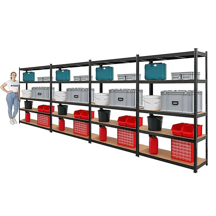 Proregal Schwerlastregal Mega Deal Ragnar - H x B x T: 180 x 120 x 40 cm, Traglast pro Boden: 175 kg, Anzahl Böden: 5 Stk., Stecken, Schwarz - Ein langes, schwarzes Schwerlastregal mit fünf Ebenen. Es ist mit diversen Behältern, Eimern und Sortierkästen befüllt.