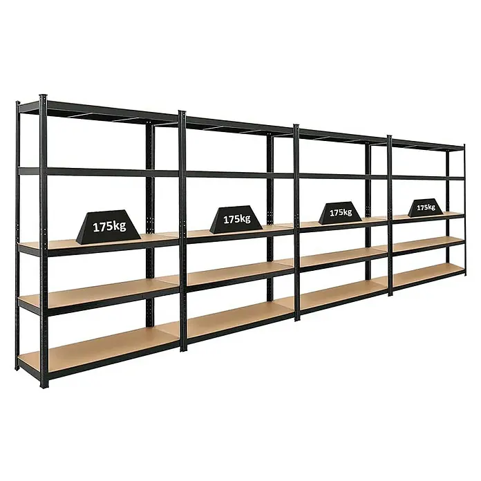 Proregal Schwerlastregal Mega Deal Ragnar - H x B x T: 180 x 120 x 40 cm, Traglast pro Boden: 175 kg, Anzahl Böden: 5 Stk., Stecken, Schwarz - Schwerlastregal mit vier Ebenen und Gewichten. Ideal für Lagerung und Organisation in Werkstatt oder Garage mit hoher Tragkraft.