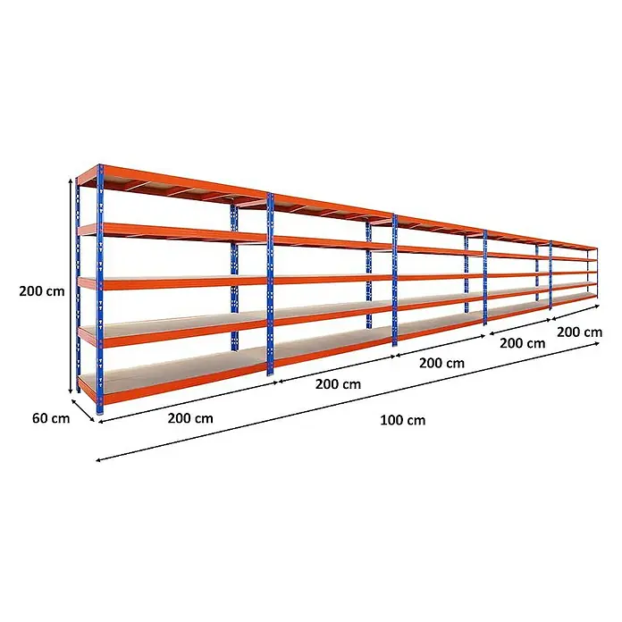 Proregal Schwerlastregal Mega Deal Profi RHINO - H x B x T: 200 x 200 x 60 cm, Traglast pro Boden: 500 kg, Anzahl Böden: 5 Stk., Stecken, Schwarz - Langes, oranges Lagerregal mit blauen Eckständern und Beschriftungen, das die Abmessungen des Regals zeigt.