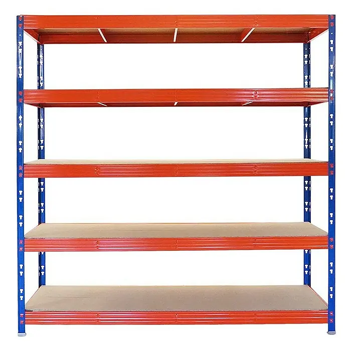 Proregal Schwerlastregal Mega Deal Profi RHINO - H x B x T: 200 x 200 x 60 cm, Traglast pro Boden: 500 kg, Anzahl Böden: 5 Stk., Stecken, Schwarz - Ein rotes Metallregal mit fünf Regalböden, ideal für Lagerung und Organisation in Werkstätten oder Garagen. Das Regal ist stabil und langlebig.