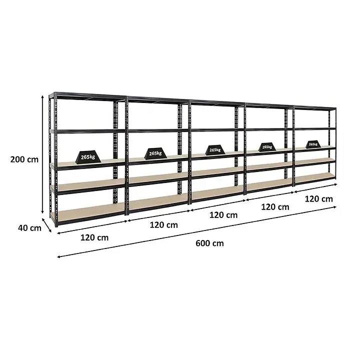 Proregal Schwerlastregal Mega Deal Giant Tiger - Traglast pro Boden: 265 kg, Anzahl Böden: 5 Stk., Stecken, Schwarz - Ansicht eines schwarzen Metallregals mit vier Ebenen und Gewichtsangaben, das sich ideal für Lager- und Organisationszwecke eignet.