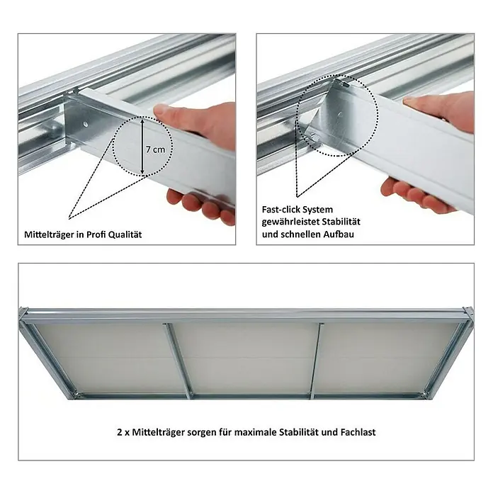 Proregal Schwerlastregal Mega Deal DINO - Traglast pro Boden: 500 kg, Anzahl Böden: 4 Stk., Stecken, Verzinkt - Detailansicht eines Regalsystems mit Mittelträgern und Schnellklicksystem, die für maximale Stabilität und schnellen Aufbau sorgen.