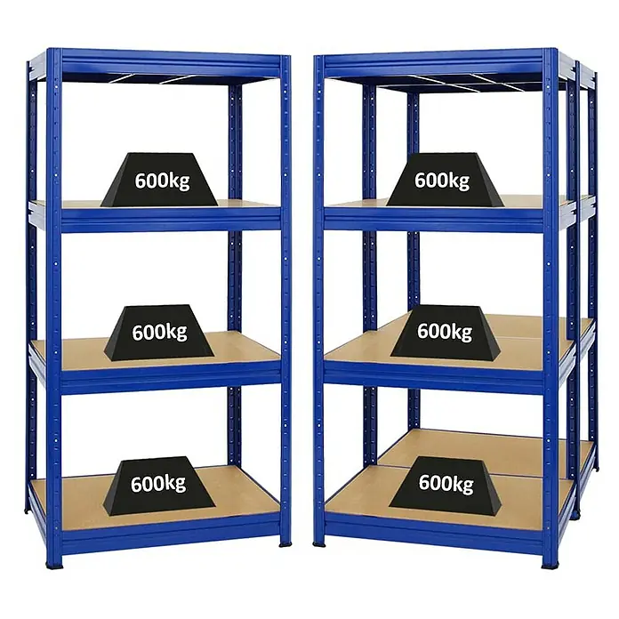 Proregal Schwerlastregal Mega Deal DINO - H x B x T: 180 x 90 x 60 cm, Traglast pro Boden: 600 kg, Anzahl Böden: 4 Stk., Stecken, Blau - Abbildung von zwei blauen Regalen mit vier Ebenen, die jeweils mit einem Gewicht von 600 kg belastet sind.