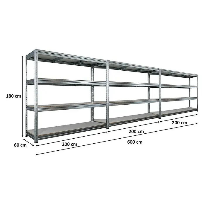 Proregal Schwerlastregal Mega Deal DINO - Traglast pro Boden: 500 kg, Anzahl Böden: 4 Stk., Stecken, Verzinkt - Abbildung eines Metallregals mit vier Ebenen und den Maßen 180 cm Höhe, 60 cm Tiefe und 600 cm Länge.
