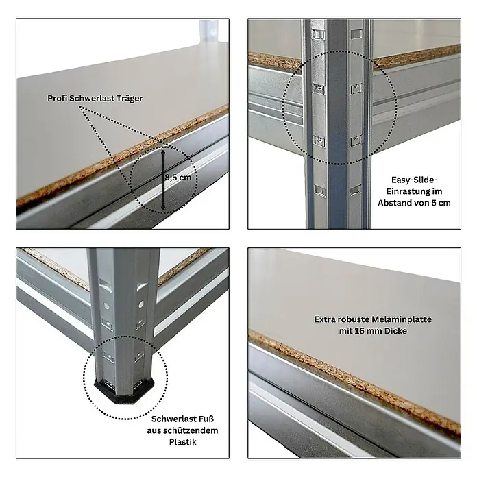 Proregal Schwerlastregal Mega Deal DINO - Traglast pro Boden: 500 kg, Anzahl Böden: 4 Stk., Stecken, Verzinkt - Schwerlastregal Details: Profi Schwerlast Träger (8,5 cm), Easy-Slide-Einrastung (5 cm Abstand), Schwerlast Fuß aus schützendem Plastik, Melaminplatte (16 mm).