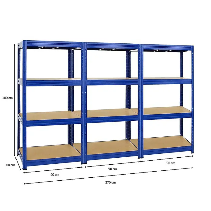 Proregal Schwerlastregal Mega Deal DINO - H x B x T: 180 x 90 x 60 cm, Traglast pro Boden: 600 kg, Anzahl Böden: 4 Stk., Stecken, Blau - Abbildung eines blauen Metallregals mit Holzböden, das zur Lagerung und Organisation von Gegenständen dient.