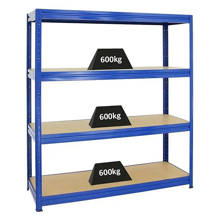 Proregal Schwerlastregal Mega Deal DINO - H x B x T: 180 x 160 x 60 cm, Traglast pro Boden: 600 kg, Anzahl Böden: 4 Stk., Stecken, Blau - Ein blaues Schwerlastregal mit drei Regalböden, von denen jeder mit einem 600-kg-Gewicht belastet ist.