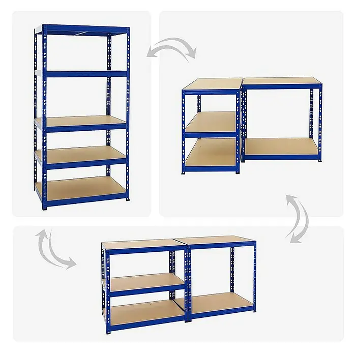Proregal Schwerlastregal Mega Deal Tiger - H x B x T: 180 x 90 x 60 cm, Traglast pro Boden: 265 kg, Anzahl Böden: 5 Stk., Stecken, Blau - Bild zeigt ein blaues Metallregal, das in verschiedenen Konfigurationen aufgebaut werden kann, von einem hohen Regal bis zu zwei niedrigeren Einheiten.