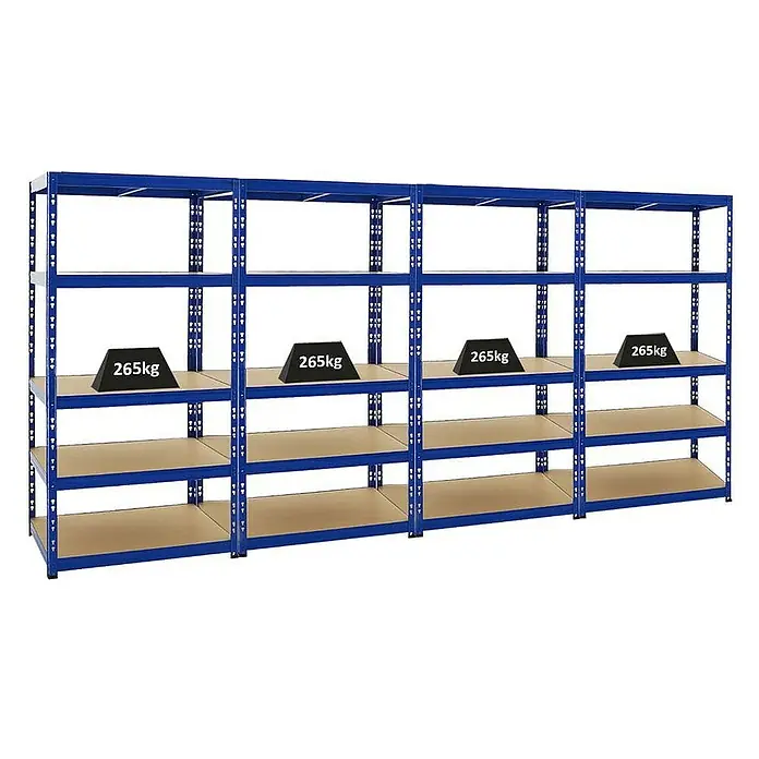 Proregal Schwerlastregal Mega Deal Tiger - H x B x T: 180 x 90 x 60 cm, Traglast pro Boden: 265 kg, Anzahl Böden: 5 Stk., Stecken, Blau - Regal mit blauem Metallrahmen und Holzböden, wobei jedes Fach mit einem 265kg Gewicht belastet ist.