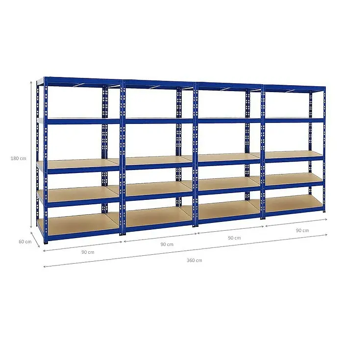 Proregal Schwerlastregal Mega Deal Tiger - H x B x T: 180 x 90 x 60 cm, Traglast pro Boden: 265 kg, Anzahl Böden: 5 Stk., Stecken, Blau - Blaues Metallregal mit vier Regalebenen und Abmessungen (Höhe 180 cm, Tiefe 60 cm, Breite 360 cm) für Lagerung und Organisation.