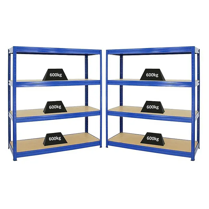 Proregal Schwerlastregal Mega Deal DINO - H x B x T: 180 x 160 x 60 cm, Traglast pro Boden: 600 kg, Anzahl Böden: 4 Stk., Stecken, Blau - Zwei blaue Schwerlastregale mit je drei Fächern, die mit schwarzen Gewichten von 600 kg belastet sind, ideal für Lagerung.