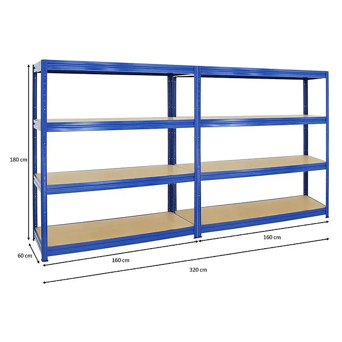 Proregal Schwerlastregal Mega Deal DINO - H x B x T: 180 x 160 x 60 cm, Traglast pro Boden: 600 kg, Anzahl Böden: 4 Stk., Stecken, Blau - Abbildung eines blauen Schwerlastregals mit vier Ebenen und den Maßen 180x160x60 cm. Das Regal besteht aus Metallrahmen und Holzböden.