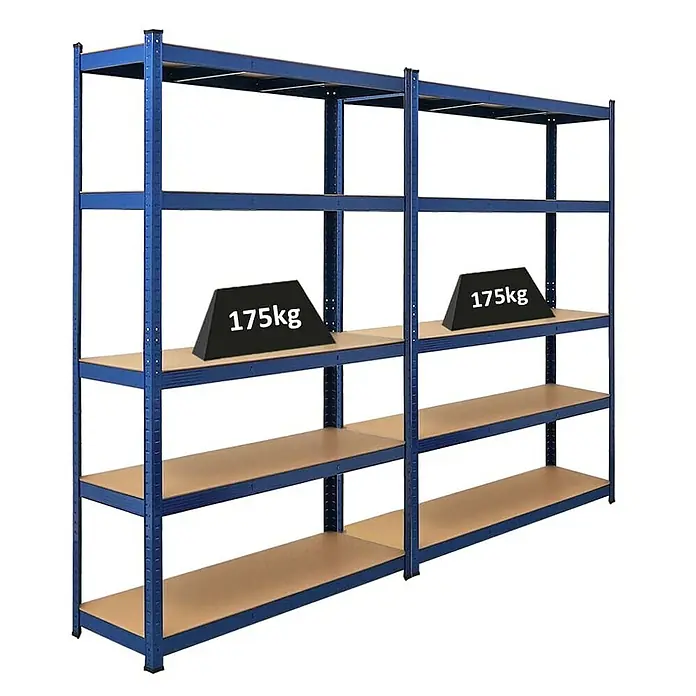 Proregal Schwerlastregal Mega Deal Ragnar - H x B x T: 180 x 120 x 40 cm, Traglast pro Boden: 175 kg, Anzahl Böden: 5 Stk., Stecken, Blau - Das Bild zeigt ein blaues Schwerlastregal mit fünf Böden, auf denen Gewichte platziert sind. Das Regal ist ideal für Lagerung und Organisation.