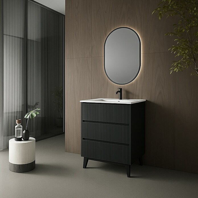 Mueble de lavabo Claire (L x An x Al: 45 x 60 x 81 cm, Negro, 1 seno, empotrado, salida central, Número de cajones: 3 ud.) | BAUHAUS