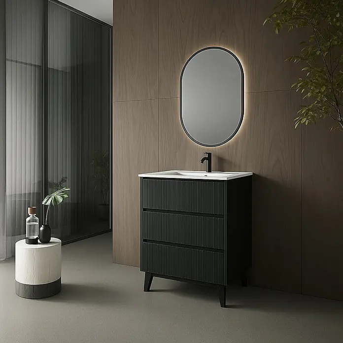 Mueble bajo de lavabo Claire - L x An x Al: 45 x 60 x 81 cm, Negro, 1 seno, empotrado, salida central, Número de cajones: 3 ud. - Elegante interior de baño con un elegante mueble de tocador con tres cajones y un espejo ovalado con retroiluminación.