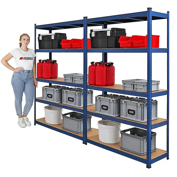 Proregal Schwerlastregal Mega Deal Ragnar - H x B x T: 180 x 120 x 40 cm, Traglast pro Boden: 175 kg, Anzahl Böden: 5 Stk., Stecken, Blau - Regal mit mehreren Ebenen und verschiedenen Aufbewahrungsbehältern, darunter Boxen, Kanister und Eimer.