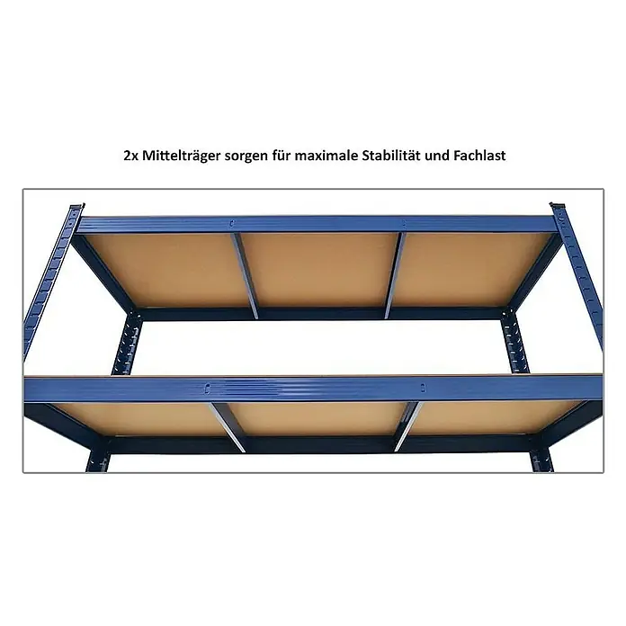 Proregal Schwerlastregal Mega Deal Ragnar - H x B x T: 180 x 120 x 40 cm, Traglast pro Boden: 175 kg, Anzahl Böden: 5 Stk., Stecken, Blau - Das Bild zeigt ein blaues Schwerlastregal mit zwei Ebenen und Spanplattenböden, verstärkt durch zwei Mittelträger für Stabilität und hohe Fachlast.