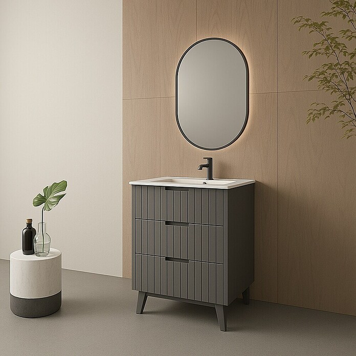 Mueble de lavabo Claire (L x An x Al: 45 x 60 x 81 cm, Gris, 1 seno, empotrado, salida central, Número de cajones: 3 ud.) | BAUHAUS