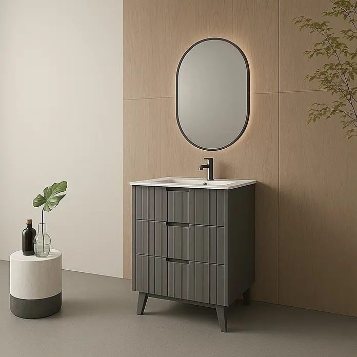 Mueble bajo de lavabo Claire - L x An x Al: 45 x 60 x 81 cm, Gris, 1 seno, empotrado, salida central, Número de cajones: 3 ud. - Elegante lavabo de baño gris con tres cajones y espejo ovalado con marco, que combina diseño moderno y funcionalidad.