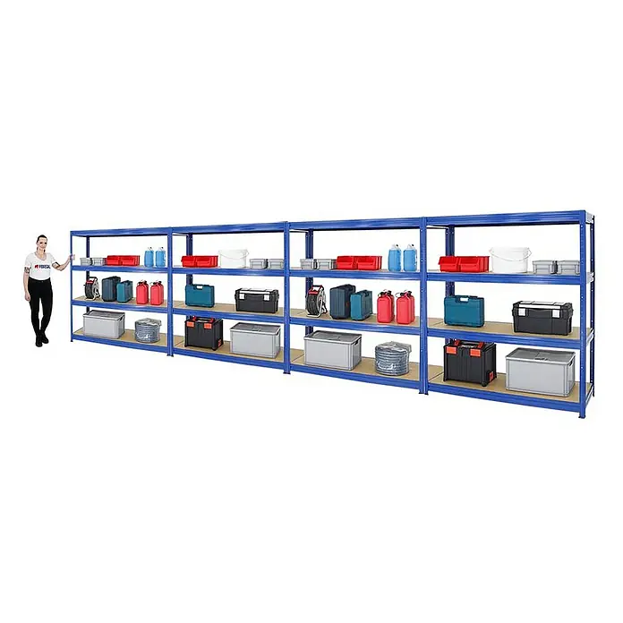 Proregal Schwerlastregal Mega Deal DINO - H x B x T: 180 x 160 x 60 cm, Traglast pro Boden: 600 kg, Anzahl Böden: 4 Stk., Stecken, Blau - Vier blaue Schwerlastregale voller Werkzeuge und Behälter bieten viel Stauraum für Werkstatt oder Garage.