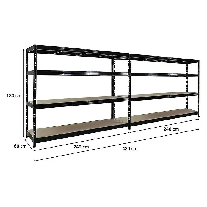 Proregal Schwerlastregal Mega Deal Profi RHINO - H x B x T: 180 x 240 x 60 cm, Traglast pro Boden: 450 kg, Anzahl Böden: 4 Stk., Stecken, Schwarz - Regal mit drei Regalböden, 180 cm hoch, 60 cm tief und 480 cm breit, ideal für Lagerung und Organisation.