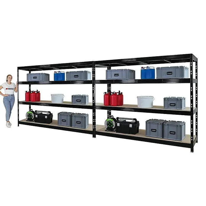 Proregal Schwerlastregal Mega Deal Profi RHINO - H x B x T: 180 x 240 x 60 cm, Traglast pro Boden: 450 kg, Anzahl Böden: 4 Stk., Stecken, Schwarz - Produktbild eines schwarzen Metallregals mit vier Ebenen, gefüllt mit verschiedenen Aufbewahrungsbehältern und einer Person zur Größenorientierung.