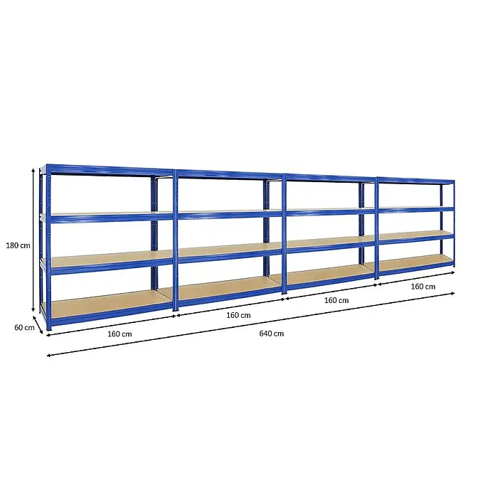 Proregal Schwerlastregal Mega Deal DINO - H x B x T: 180 x 160 x 60 cm, Traglast pro Boden: 600 kg, Anzahl Böden: 4 Stk., Stecken, Blau - Regal mit blauem Rahmen und vier Regalböden aus Holz, Maße 180x60x640 cm, ideal für Lagerung und Organisation.