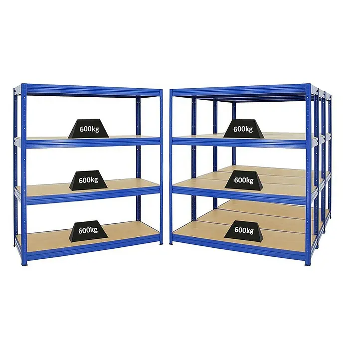 Proregal Schwerlastregal Mega Deal DINO - H x B x T: 180 x 160 x 60 cm, Traglast pro Boden: 600 kg, Anzahl Böden: 4 Stk., Stecken, Blau - Blaue Schwerlastregale mit vier Regalböden, jeweils mit Gewichten von 600 kg belastet. Ideal für Lager und Werkstatt.