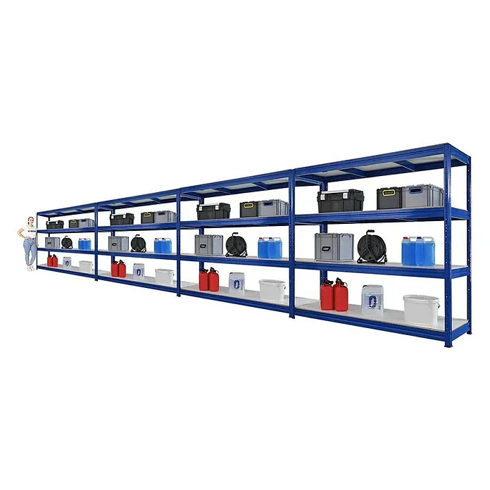 Proregal Schwerlastregal Mega Deal DINO - H x B x T: 180 x 200 x 60 cm, Traglast pro Boden: 500 kg, Anzahl Böden: 4 Stk., Stecken, Blau - Blaues Schwerlastregal mit drei Ebenen und darauf platzierten Lagerbehältern, Kanistern und einer dargestellten Person zur Größeneinschätzung.