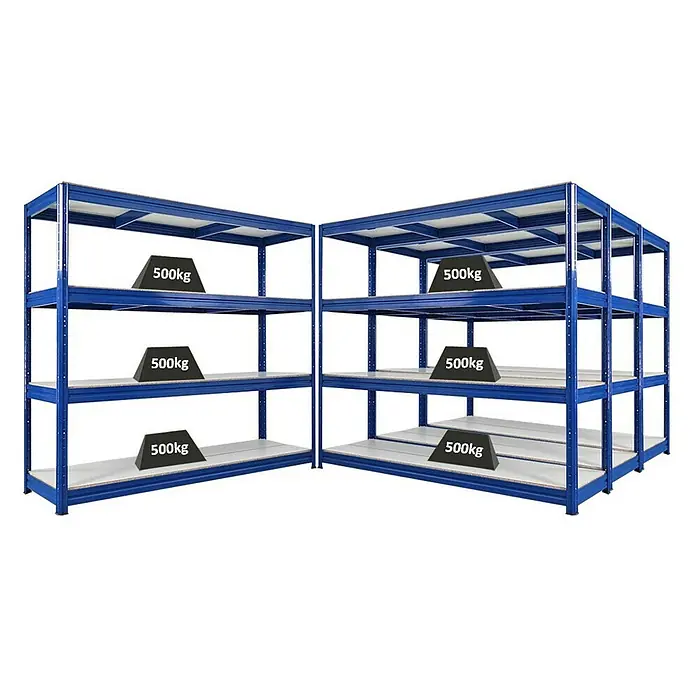 Proregal Schwerlastregal Mega Deal DINO - H x B x T: 180 x 200 x 60 cm, Traglast pro Boden: 500 kg, Anzahl Böden: 4 Stk., Stecken, Blau - Ein robustes blaues Lagerregal, ideal für schwere Lasten, ausgestattet mit mehreren Ebenen zur effizienten Lagerung von bis zu 500kg pro Ebene.