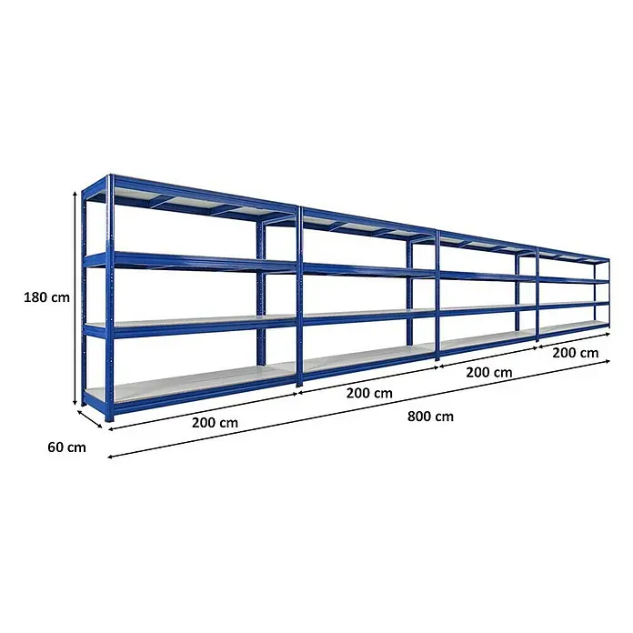Proregal Schwerlastregal Mega Deal DINO - H x B x T: 180 x 200 x 60 cm, Traglast pro Boden: 500 kg, Anzahl Böden: 4 Stk., Stecken, Blau - Abbildung eines blauen Schwerlastregals mit vier Regalböden und den Maßen 180 x 60 x 800 cm.