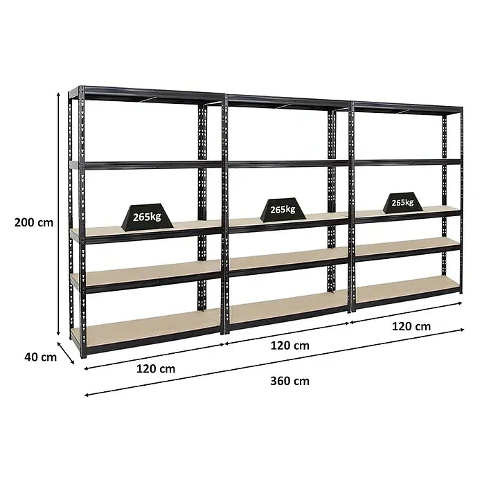 Proregal Schwerlastregal Mega Deal Giant Tiger - H x B x T: 200 x 120 x 40 cm, Traglast pro Boden: 265 kg, Anzahl Böden: 5 Stk., Stecken, Schwarz - Abbildung eines Schwerlastregals mit drei Ebenen, mit Gewichtsangaben und Abmessungen für Höhe, Breite und Tiefe zur Produktinformation.
